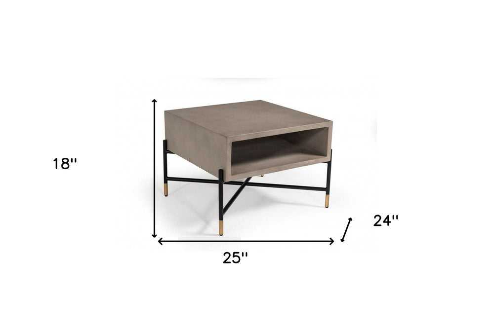 25" Gray and Black Concrete And Metal Square Coffee Table With Shelf HomeRoots