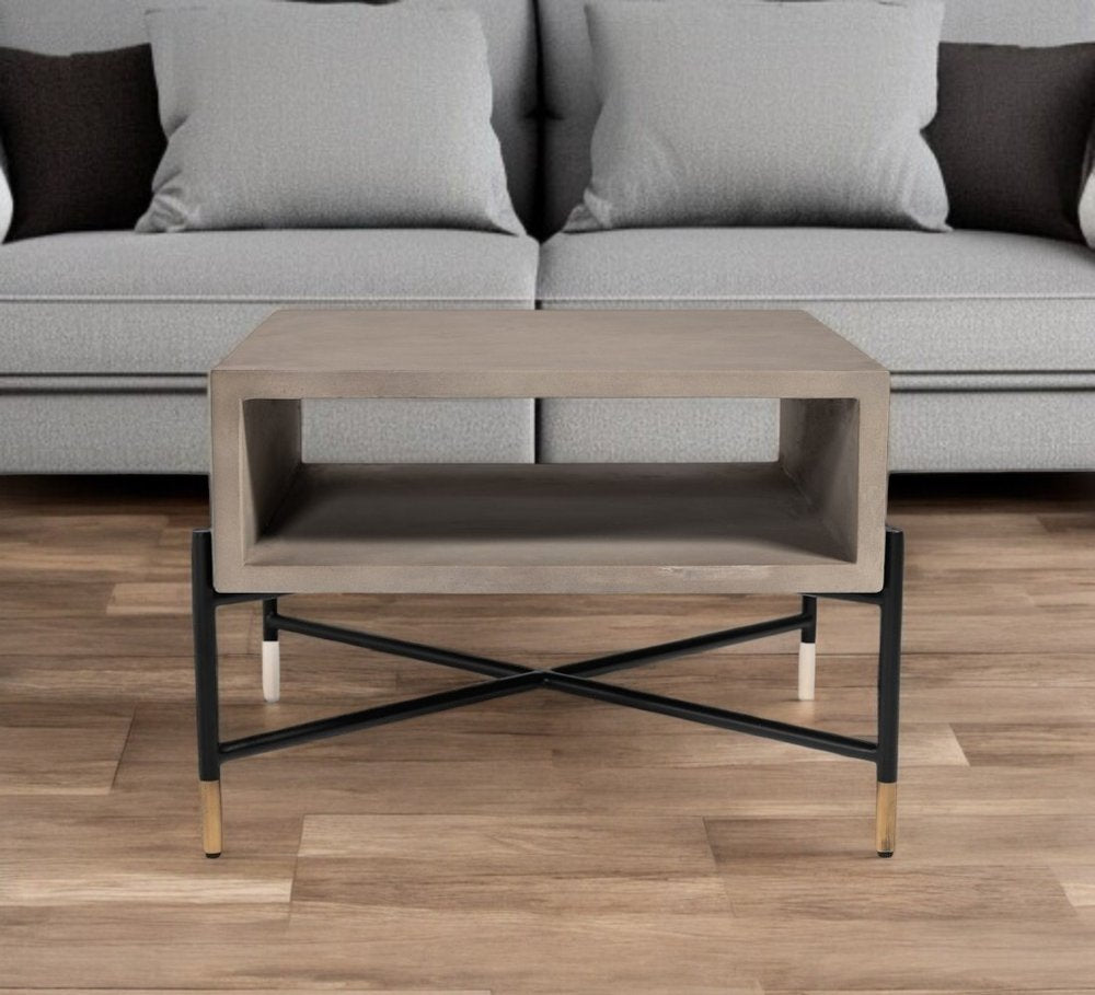 25" Gray and Black Concrete And Metal Square Coffee Table With Shelf HomeRoots