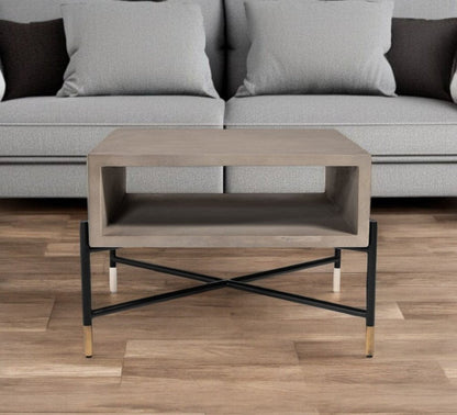25" Gray and Black Concrete And Metal Square Coffee Table With Shelf HomeRoots