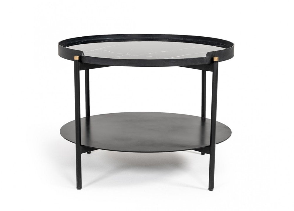 24" Black Faux Marble And Metal Round Coffee Table With Shelf HomeRoots