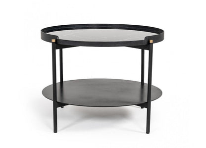 24" Black Faux Marble And Metal Round Coffee Table With Shelf HomeRoots