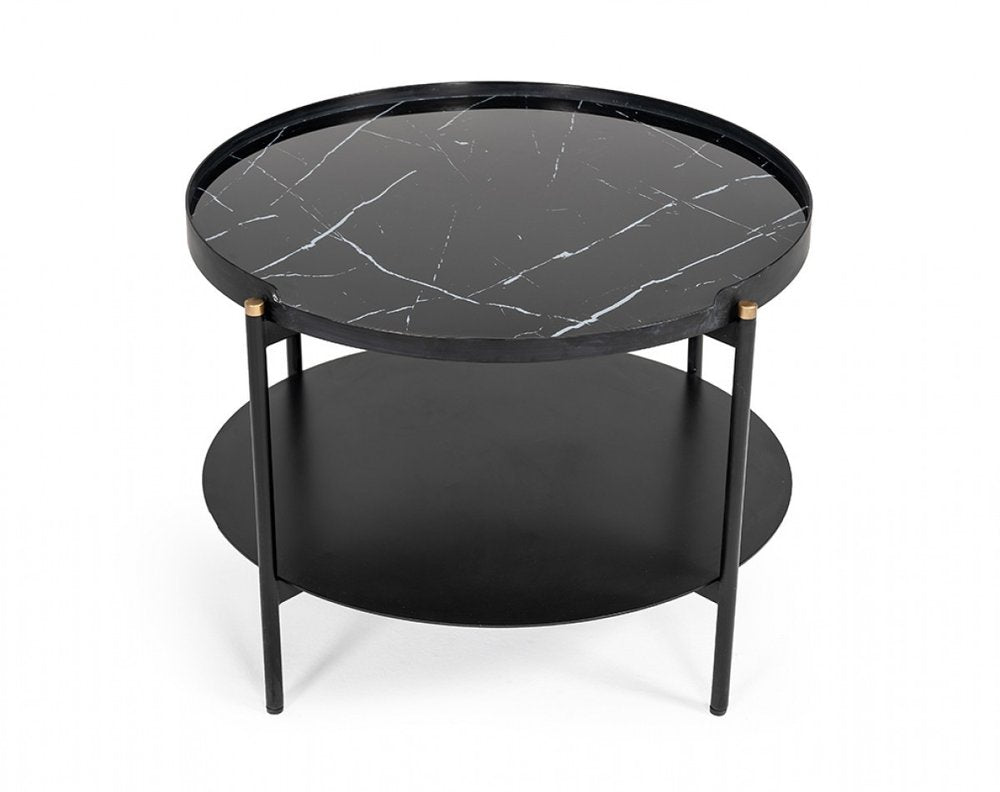 24" Black Faux Marble And Metal Round Coffee Table With Shelf HomeRoots