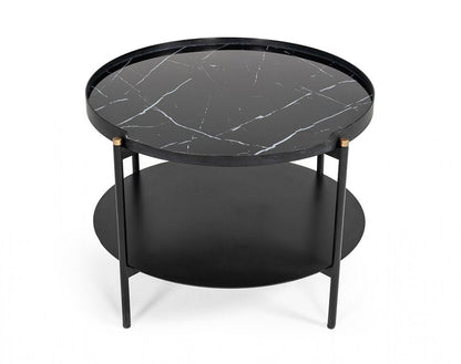 24" Black Faux Marble And Metal Round Coffee Table With Shelf HomeRoots