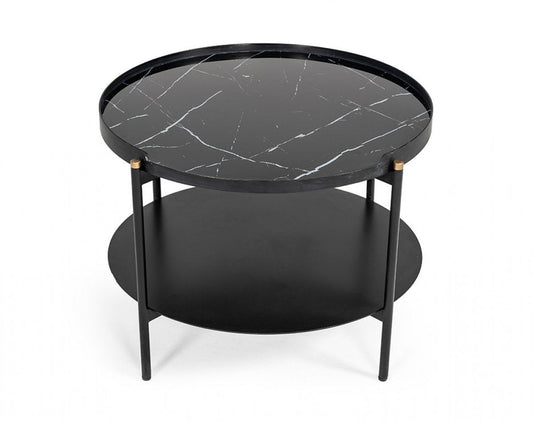 24" Black Faux Marble And Metal Round Coffee Table With Shelf HomeRoots
