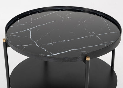24" Black Faux Marble And Metal Round Coffee Table With Shelf HomeRoots