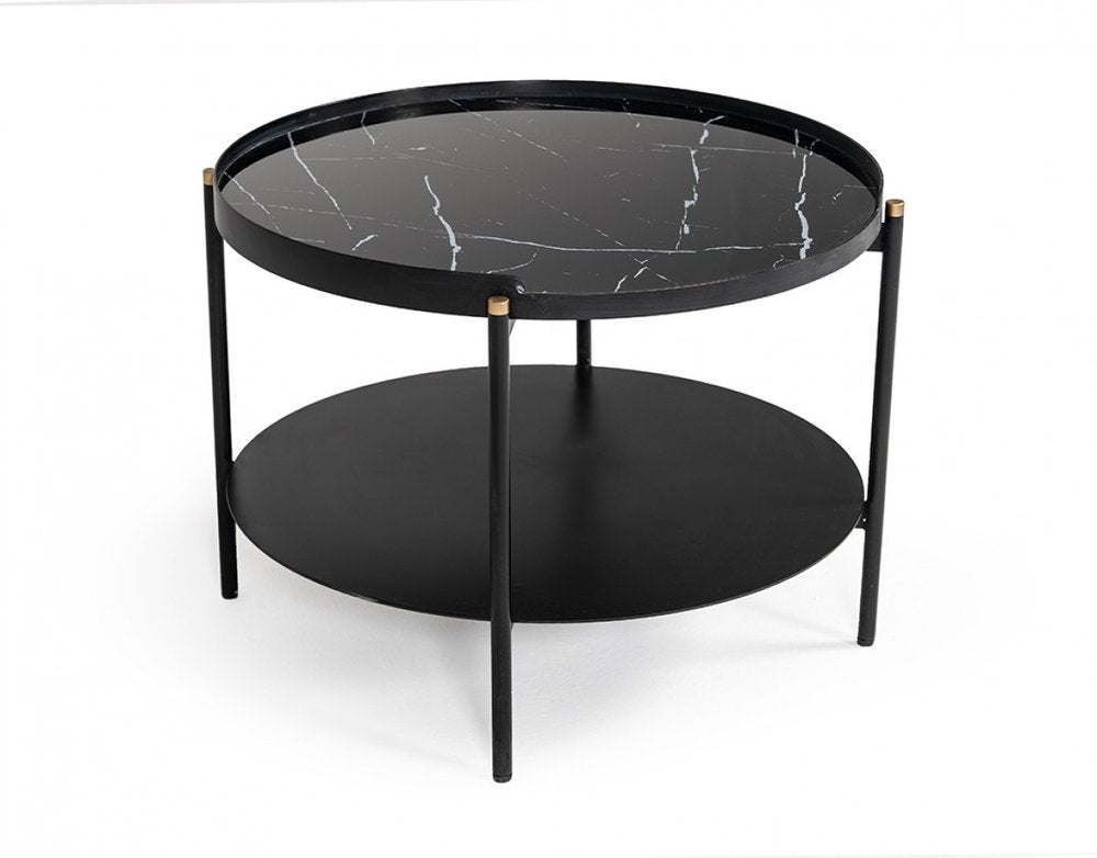 24" Black Faux Marble And Metal Round Coffee Table With Shelf HomeRoots