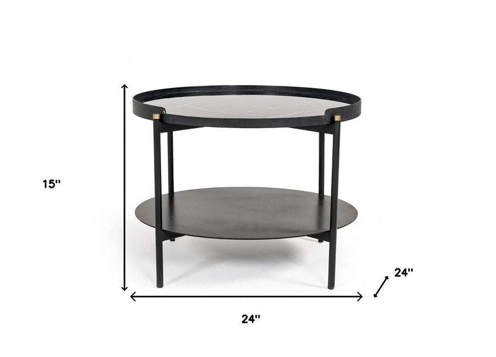 24" Black Faux Marble And Metal Round Coffee Table With Shelf HomeRoots