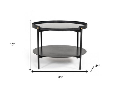 24" Black Faux Marble And Metal Round Coffee Table With Shelf HomeRoots