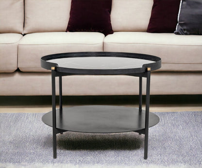 24" Black Faux Marble And Metal Round Coffee Table With Shelf HomeRoots