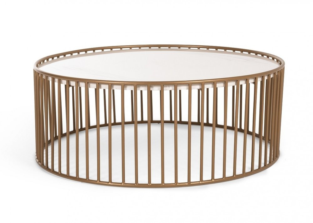 37" White and Gold Faux Marble And Metal Round Frame Coffee Table HomeRoots