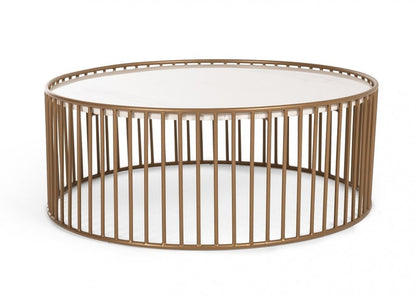 37" White and Gold Faux Marble And Metal Round Frame Coffee Table HomeRoots
