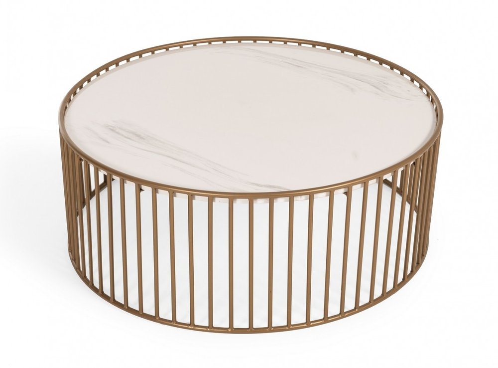37" White and Gold Faux Marble And Metal Round Frame Coffee Table HomeRoots