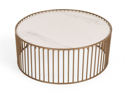 37" White and Gold Faux Marble And Metal Round Frame Coffee Table HomeRoots