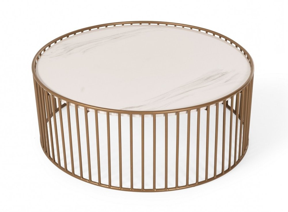37" White and Gold Faux Marble And Metal Round Frame Coffee Table HomeRoots