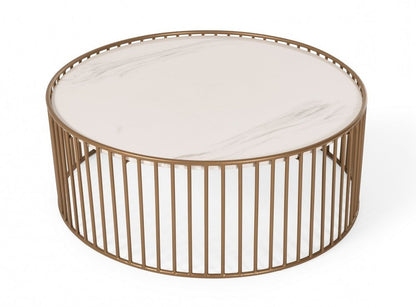 37" White and Gold Faux Marble And Metal Round Frame Coffee Table HomeRoots