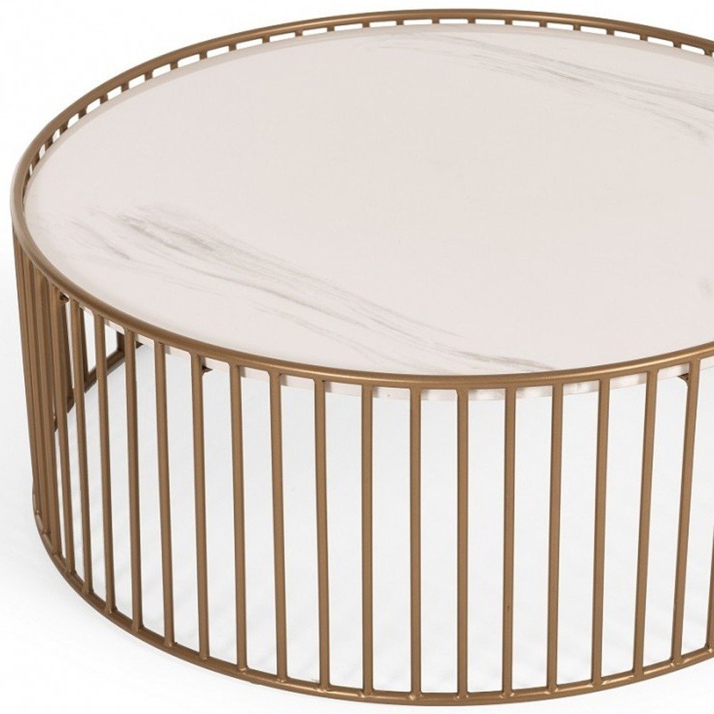 37" White and Gold Faux Marble And Metal Round Frame Coffee Table HomeRoots