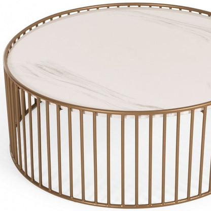37" White and Gold Faux Marble And Metal Round Frame Coffee Table HomeRoots