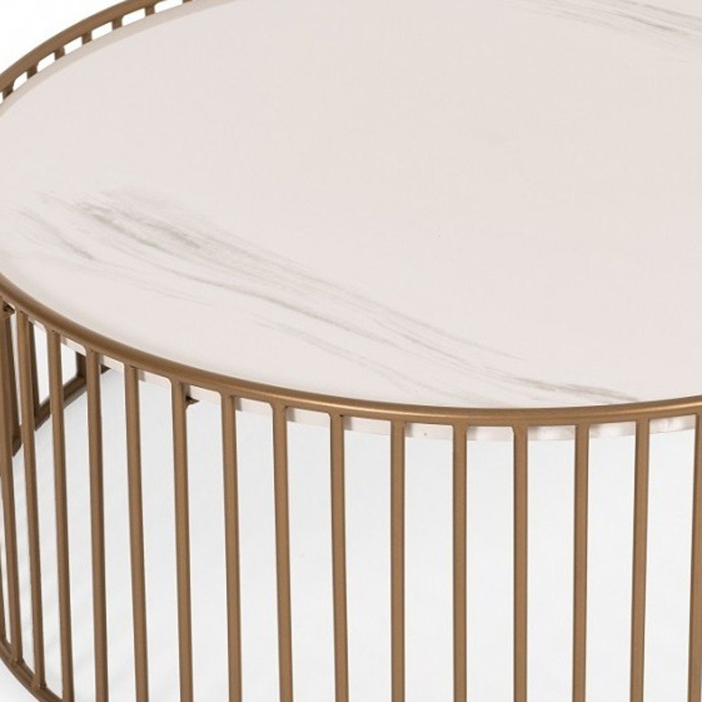 37" White and Gold Faux Marble And Metal Round Frame Coffee Table HomeRoots