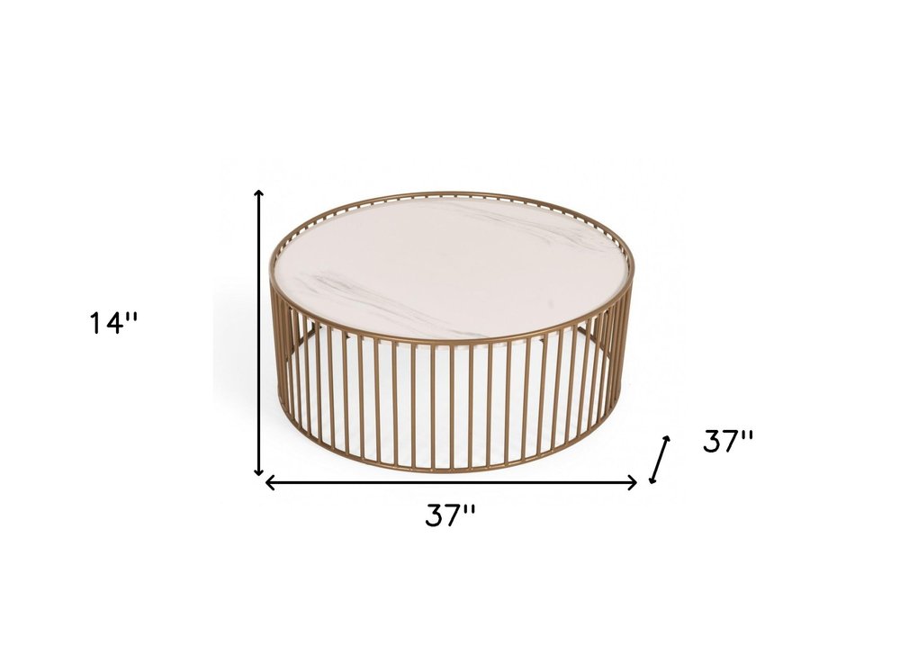 37" White and Gold Faux Marble And Metal Round Frame Coffee Table HomeRoots