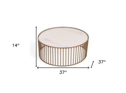 37" White and Gold Faux Marble And Metal Round Frame Coffee Table HomeRoots