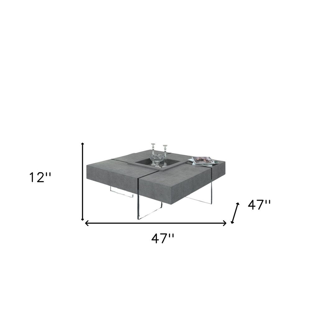 47" Gray and Clear Concrete And Glass Square Solid Coffee Table HomeRoots