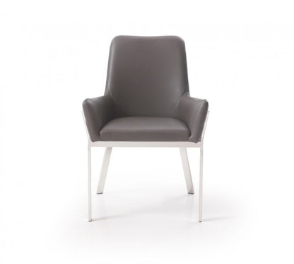 Gray and Silver Upholstered Faux Leather Dining Arm Chair HomeRoots