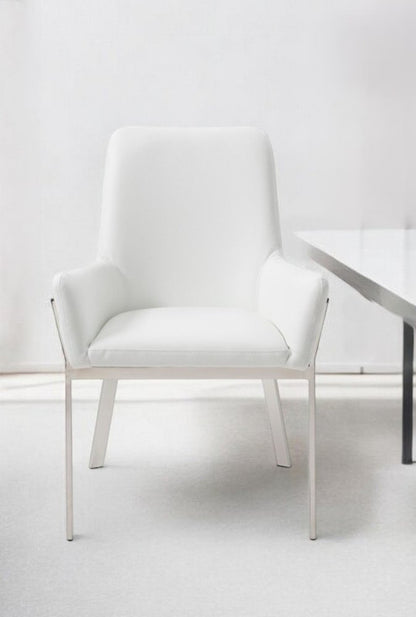 White and Silver Upholstered Faux Leather Dining Arm Chair HomeRoots
