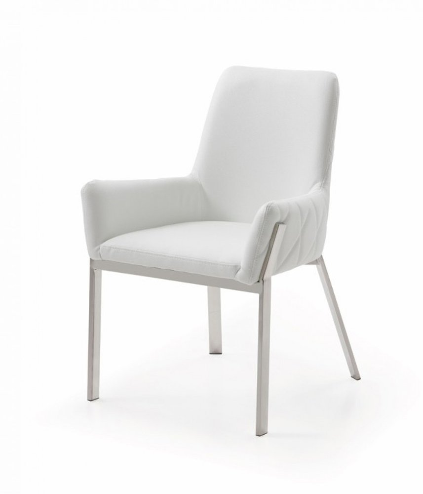 White and Silver Upholstered Faux Leather Dining Arm Chair HomeRoots