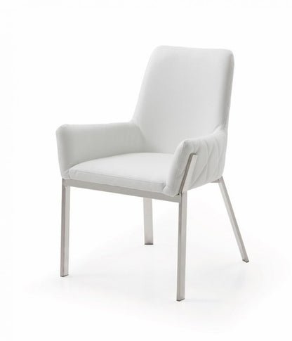 White and Silver Upholstered Faux Leather Dining Arm Chair HomeRoots