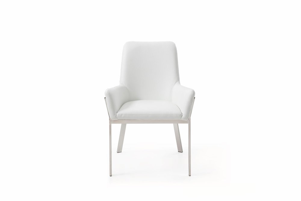 White and Silver Upholstered Faux Leather Dining Arm Chair HomeRoots