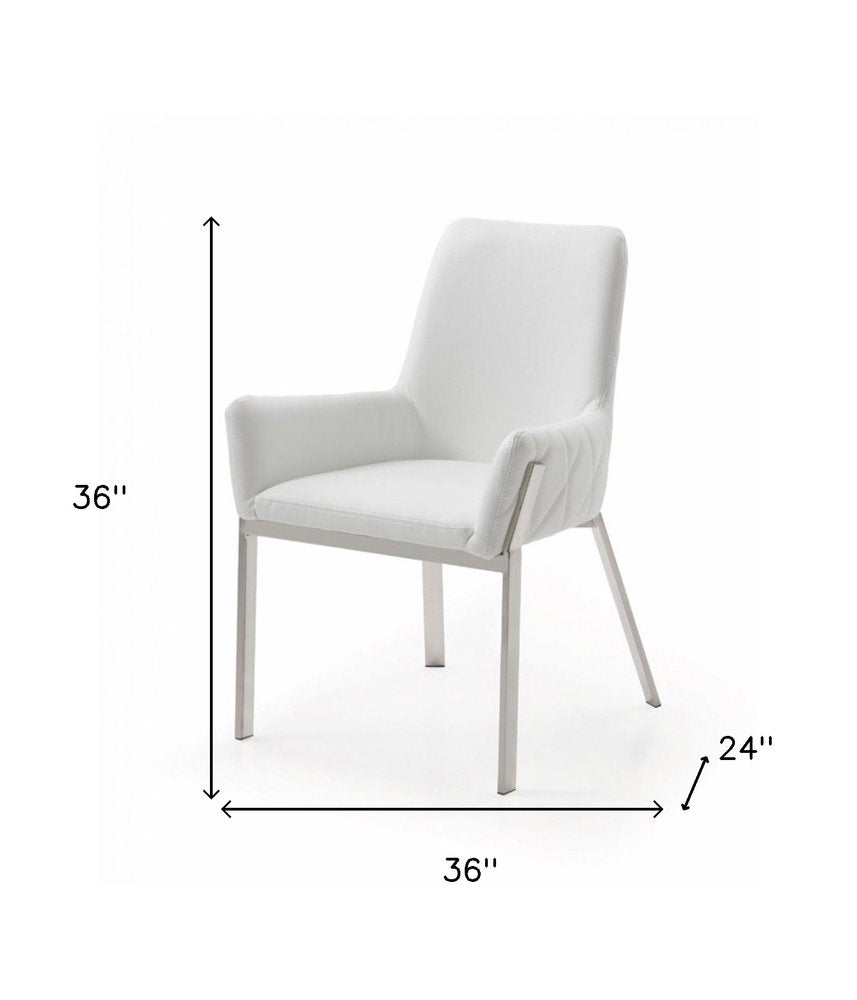 White and Silver Upholstered Faux Leather Dining Arm Chair HomeRoots