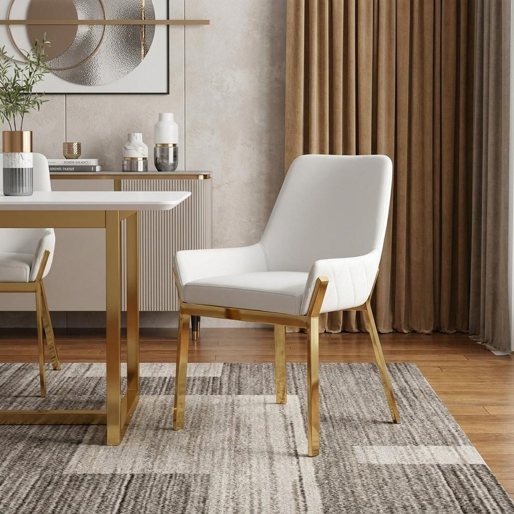 White and Gold Upholstered Faux Leather Dining Arm Chair HomeRoots