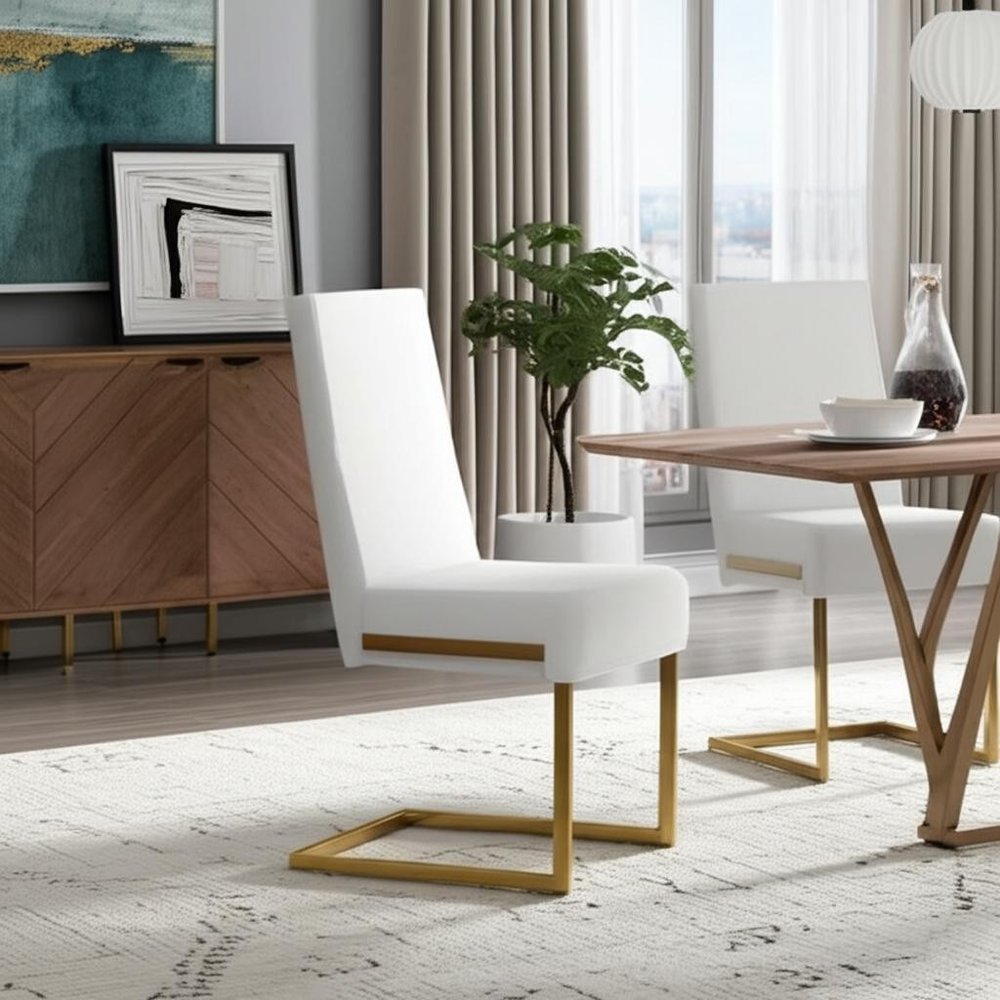 Set of Two White and Gold Upholstered Faux Leather Dining Side Chairs HomeRoots