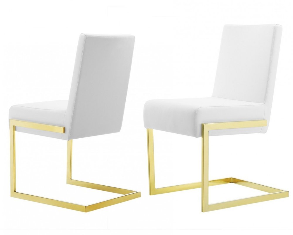 Set of Two White and Gold Upholstered Faux Leather Dining Side Chairs HomeRoots