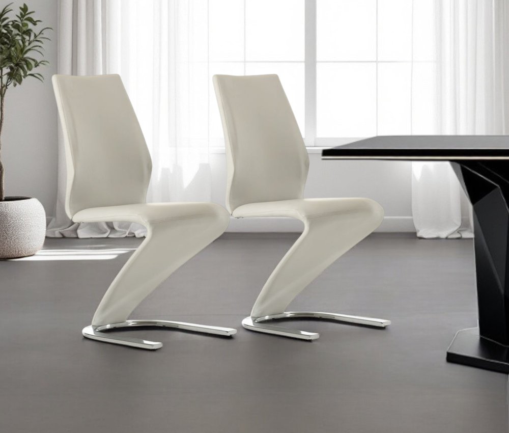 Set of Two White and Silver Upholstered Faux Leather Dining Side Chairs HomeRoots