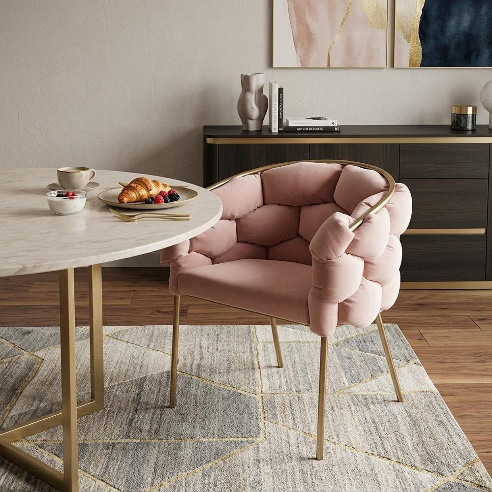 Pink and Brass Upholstered Fabric Dining Arm Chair HomeRoots