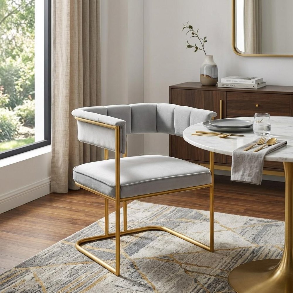 Gray and Gold Upholstered Fabric Dining Arm Chair HomeRoots