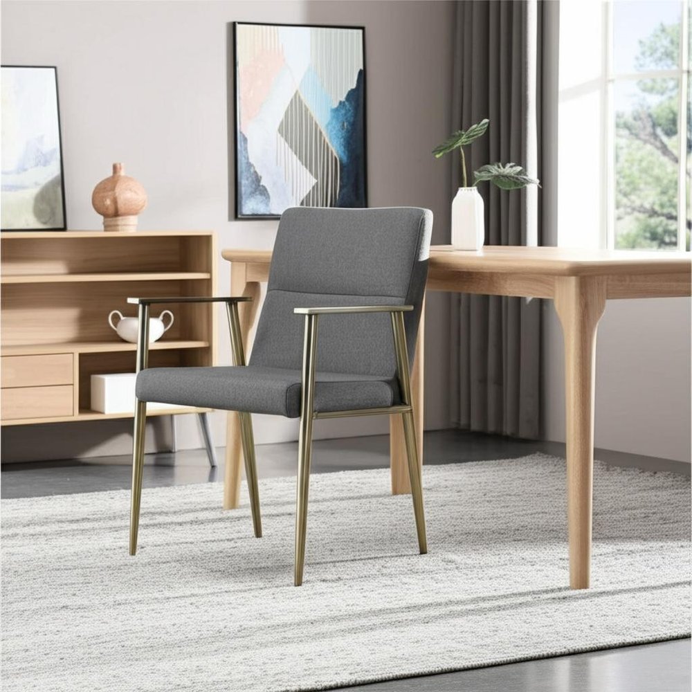 Gray and Antiqued Brass Upholstered Fabric Dining Arm Chair HomeRoots