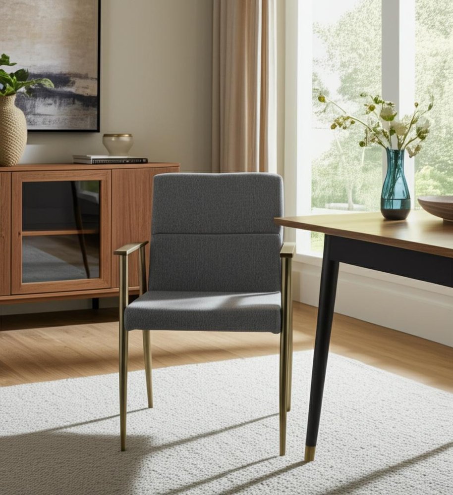 Gray and Antiqued Brass Upholstered Fabric Dining Arm Chair HomeRoots