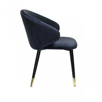 Set of Two Blue Black and Gold Upholstered Velvet Wing Back Dining Arm Chairs HomeRoots