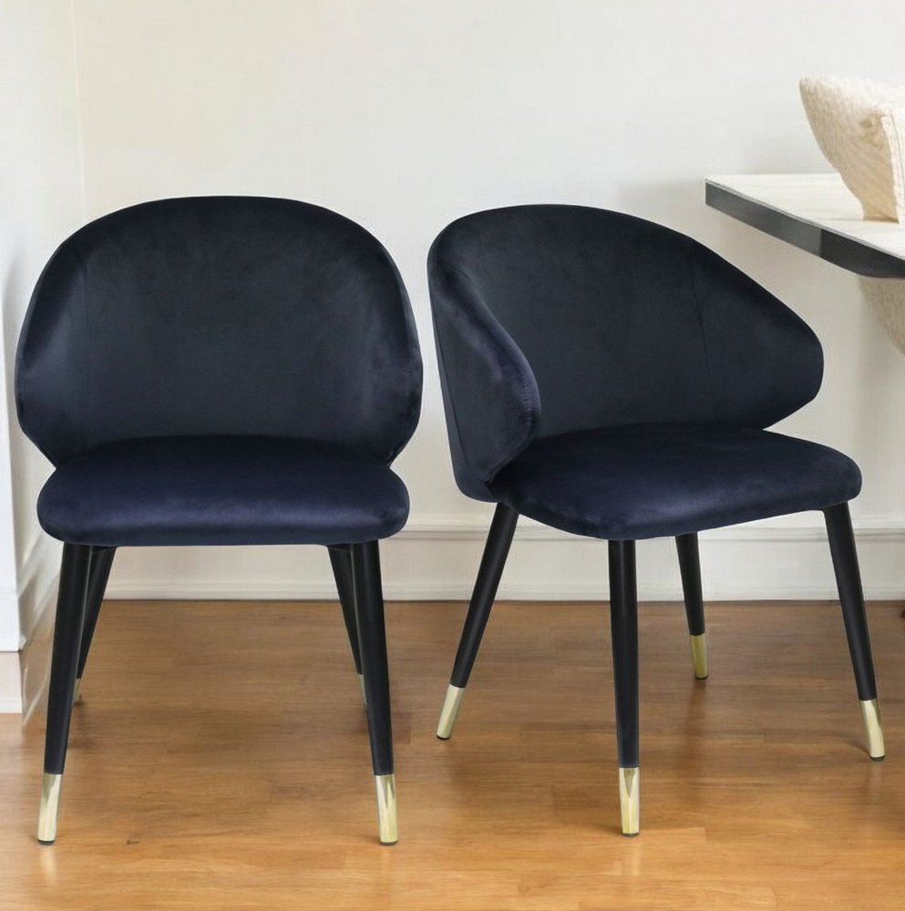 Set of Two Blue Black and Gold Upholstered Velvet Wing Back Dining Arm Chairs HomeRoots