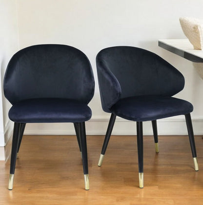 Set of Two Blue Black and Gold Upholstered Velvet Wing Back Dining Arm Chairs HomeRoots