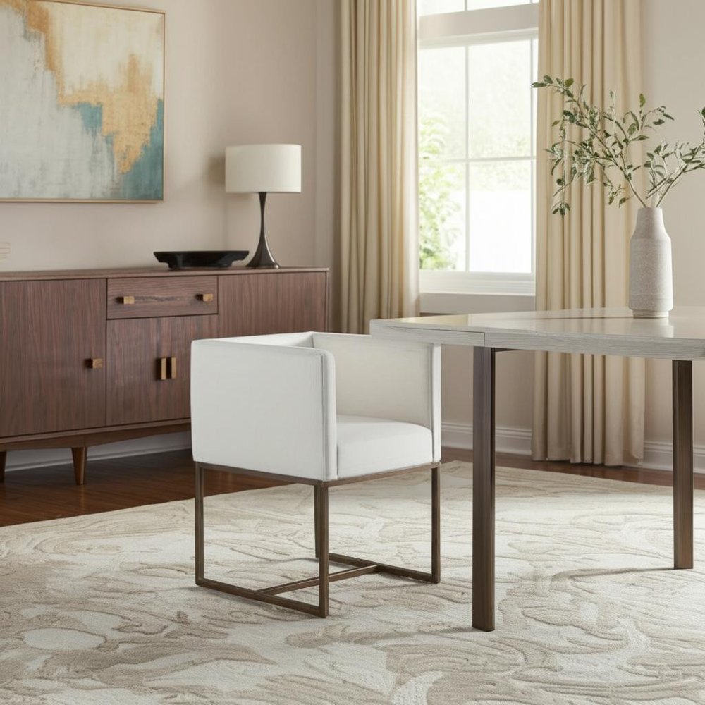Off White and Antiqued Brass Upholstered Fabric Dining Arm Chair HomeRoots