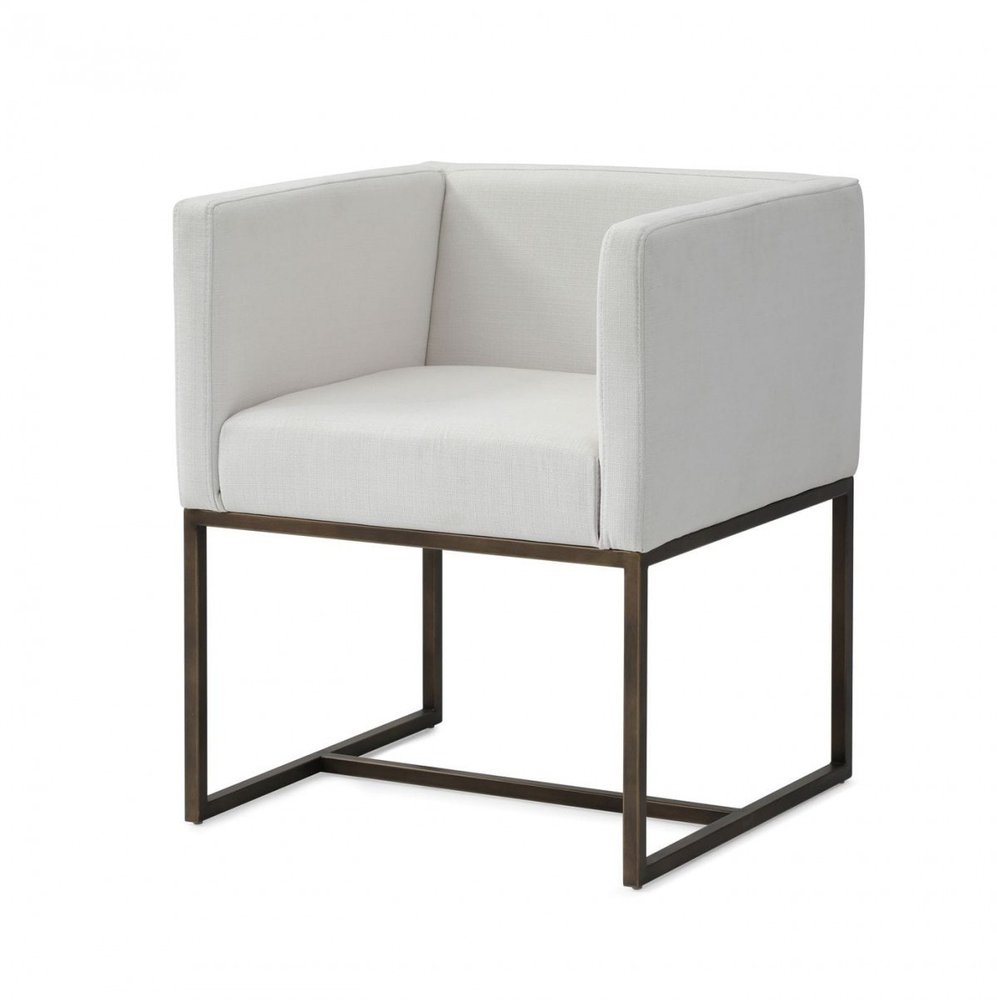 Off White and Antiqued Brass Upholstered Fabric Dining Arm Chair HomeRoots