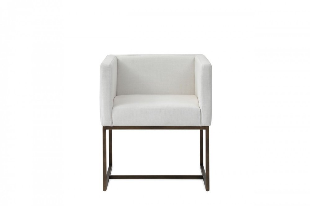 Off White and Antiqued Brass Upholstered Fabric Dining Arm Chair HomeRoots