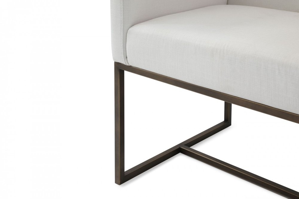 Off White and Antiqued Brass Upholstered Fabric Dining Arm Chair HomeRoots
