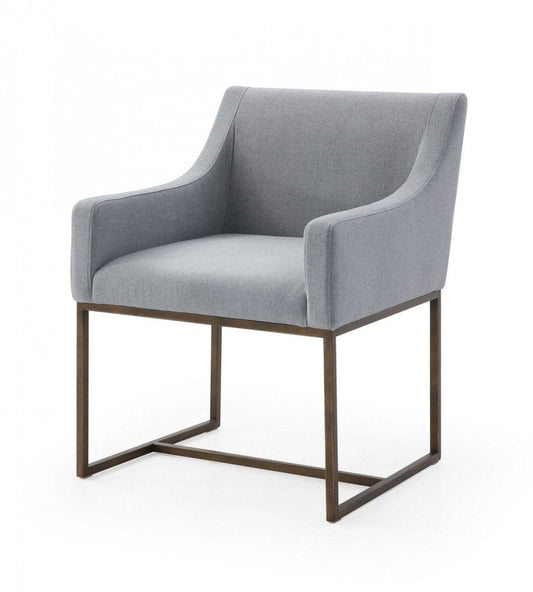 Gray and Antiqued Brass Upholstered Fabric Dining Arm Chair