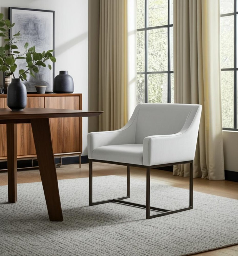 Beige and Antiqued Brass Upholstered Fabric Dining Arm Chair HomeRoots