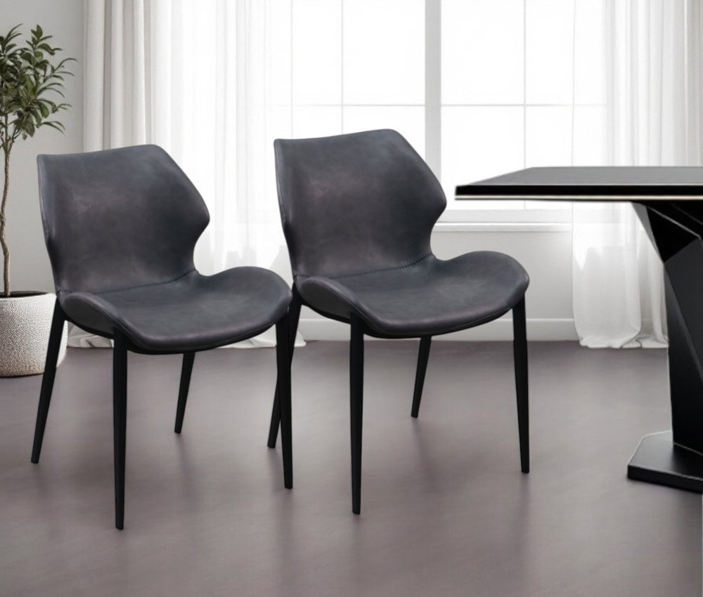 Set of Two Gray and Black Upholstered Faux Leather Wing Back Dining Side Chairs HomeRoots