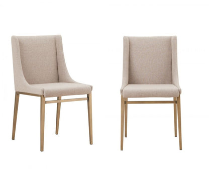 Set of Two Beige and Antiqued Brass Upholstered Fabric Wing Back Dining Side Chairs HomeRoots